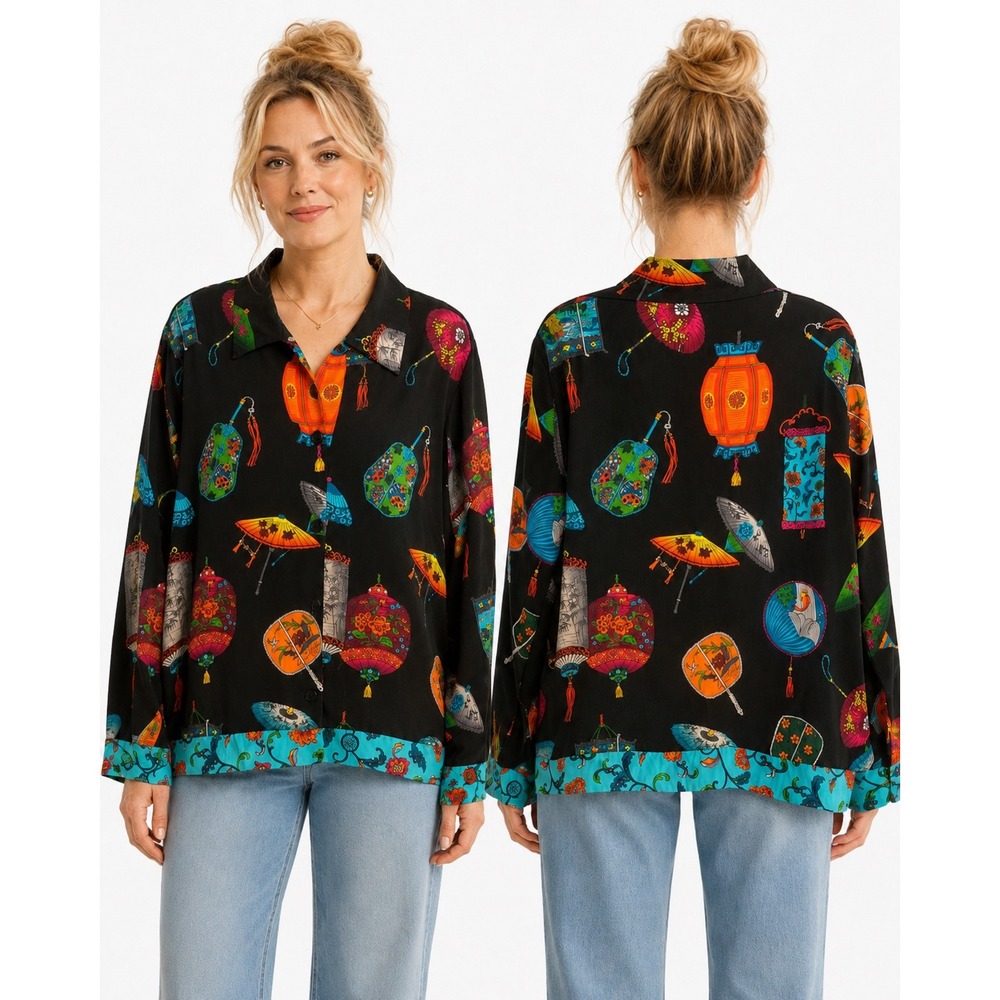 Susan Graver Style Art to Wear Asian Lantern Print Blazer Jacket Oversized Black